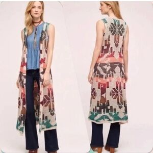 Anthropologie Cecilia Prado Open Front Long Sweater Vest Boho Chic Aztec